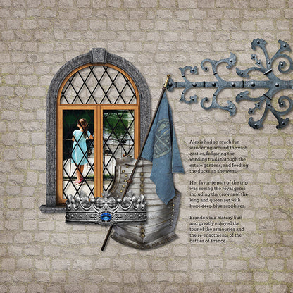 This diverse collection of realistic vintage embellishments and papers by Lucky Girl Creative digital art for digital scrapbooking was inspired by all things related to castles and kings - from medieval times festivals, renaissance fairs, knights of the round table, dungeons and dragons, the Royal family, Game of Thrones, Cinderella's castle, and a touch of Frozen. Perfect for documenting visits to history museums.