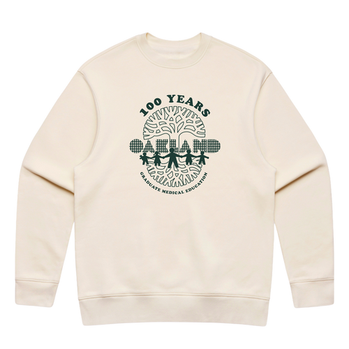 The Oaklandish Century of Caring Crew is a cream-colored sweatshirt featuring a dark green “100 YEARS” logo. Its design showcases four figures holding hands beneath a tree adorned with medical symbols, with “GRADUATE MEDICAL EDUCATION” encircling the illustration. Inspired by the Oaklandish Centennial tee, this piece honors UCSF Benioff Children’s Hospital Oakland and its enduring legacy in Graduate Medical Education.