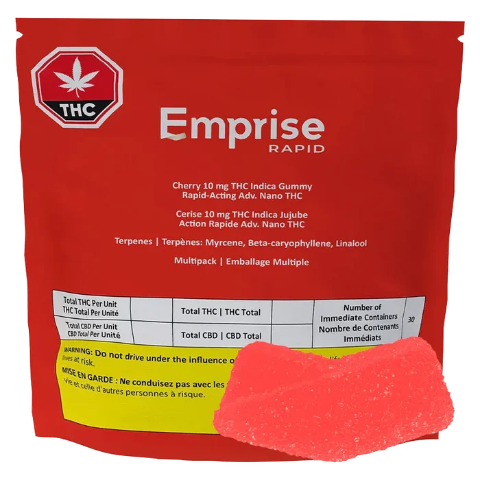 Front-facing red pouch labeled Emprise Rapid Cherry THC Gummies with a single bright red gummy placed in front on a white background.