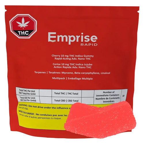 Front-facing red pouch labeled Emprise Rapid Cherry THC Gummies with a single bright red gummy placed in front on a white background.