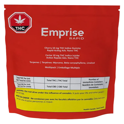 Front view of a red pouch labeled Emprise Rapid Cherry THC Gummies with white text, warning band and THC symbol at top left.