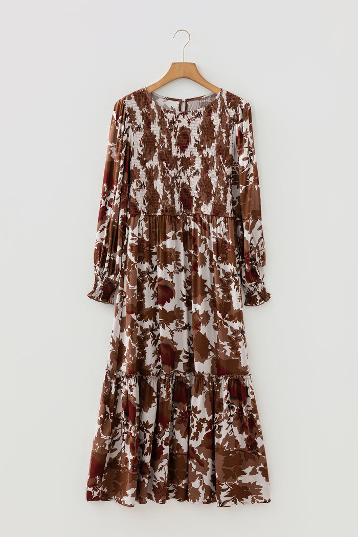 Chestnut Floral Puff Sleeve Smocked Bodice Ruffled Long Dress 🇺🇸