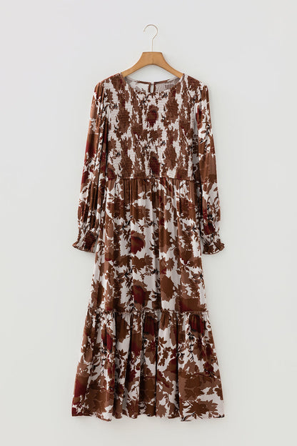 Chestnut Floral Puff Sleeve Smocked Bodice Ruffled Long Dress 🇺🇸
