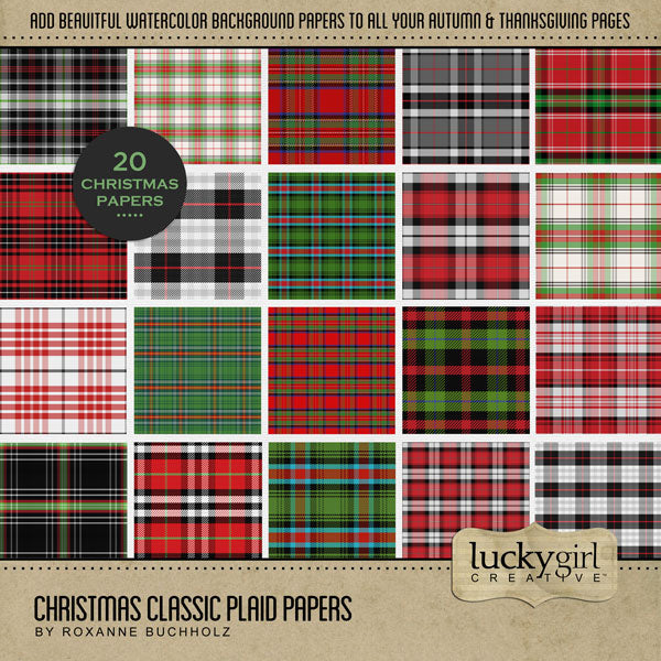 Accent your Christmas greeting cards and traditional holiday pages with these plaid tartan papers in classic colors of red, green, and black by Lucky Girl Creative digital art for digital scrapbooking! Great for holiday and travel pages to Ireland, Scotland, or the United Kingdom, too. This kit is included in the Christmas Classic Mega Bundle and the Christmas Classic Kit.