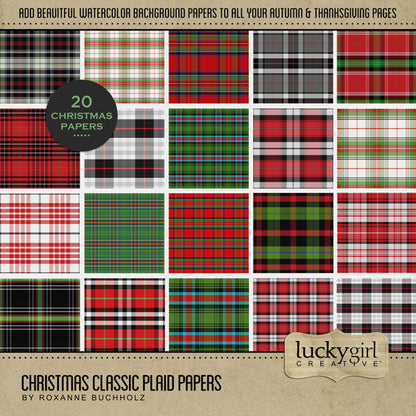 Accent your Christmas greeting cards and traditional holiday pages with these plaid tartan papers in classic colors of red, green, and black by Lucky Girl Creative digital art for digital scrapbooking! Great for holiday and travel pages to Ireland, Scotland, or the United Kingdom, too. This kit is included in the Christmas Classic Mega Bundle and the Christmas Classic Kit.