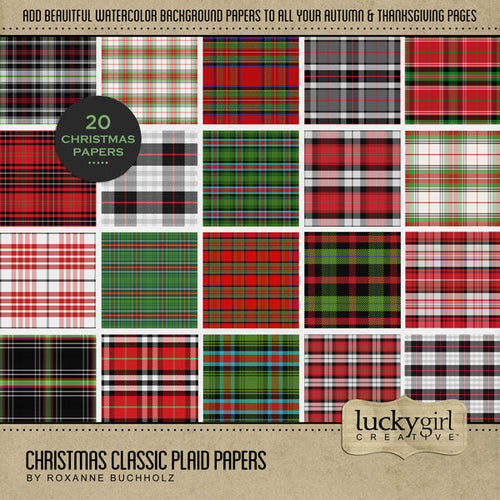 Accent your Christmas greeting cards and traditional holiday pages with these plaid tartan papers in classic colors of red, green, and black by Lucky Girl Creative digital art for digital scrapbooking! Great for holiday and travel pages to Ireland, Scotland, or the United Kingdom, too. This kit is included in the Christmas Classic Mega Bundle and the Christmas Classic Kit.