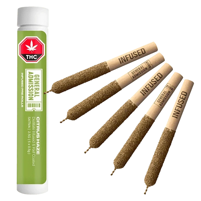 Angled top-down view of five paper-wrapped Citrus Haze Distillate Infused PR 5 x 0.5g pre-rolls fanned beside a green plastic tube.