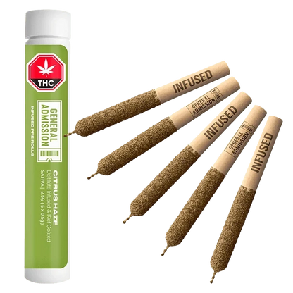Angled top-down view of five paper-wrapped Citrus Haze Distillate Infused PR 5 x 0.5g pre-rolls fanned beside a green plastic tube.