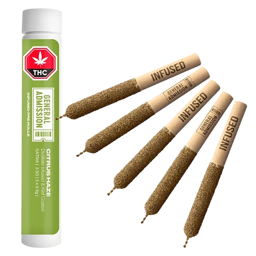 Angled top-down view of five paper-wrapped Citrus Haze Distillate Infused PR 5 x 0.5g pre-rolls fanned beside a green plastic tube.