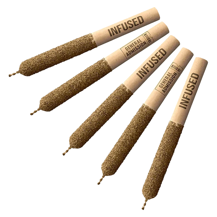 Angled top-down view of five Citrus Haze Distillate Infused PR 5 x 0.5g pre-rolls with kraft paper tips stamped "INFUSED" and "GENERAL ADMISSION."