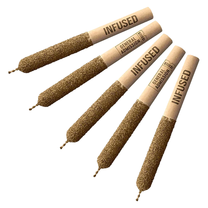 Angled top-down view of five Citrus Haze Distillate Infused PR 5 x 0.5g pre-rolls with kraft paper tips stamped "INFUSED" and "GENERAL ADMISSION."