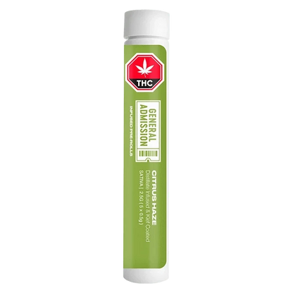Vertical studio shot of the Citrus Haze Distillate Infused PR 5 x 0.5g tube with green label, white caps, and a red THC stop sign logo.