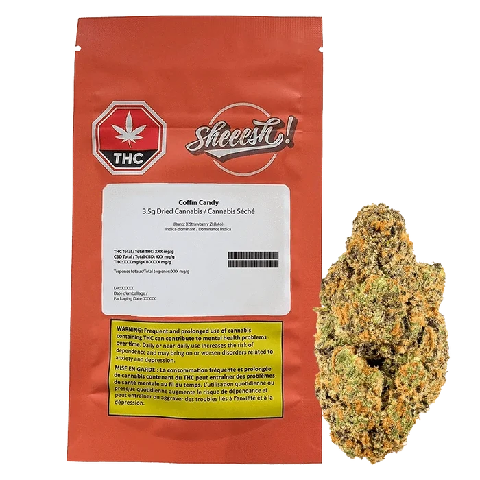 Flat-front photo of the red pouch and loose bud of Coffin Candy, showing the white product label, THC symbol, and a close-up of the green-orange cannabis nug.