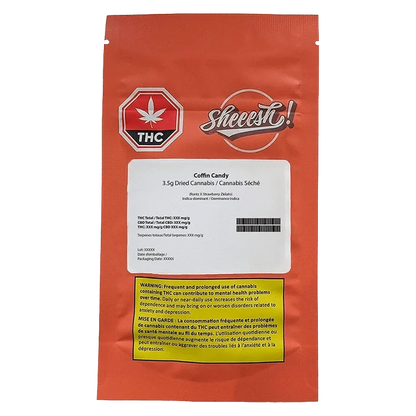 Front-facing shot of the red package labeled "Coffin Candy" with a white product information panel, THC icon, and yellow warning box.