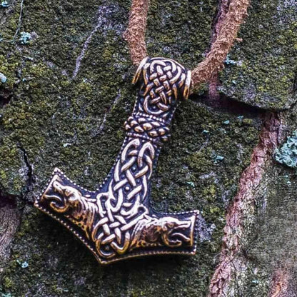 vkngjewelry Pendant Thor's Hammer Pendant Bronze Mjolnir With Wolf Ornament