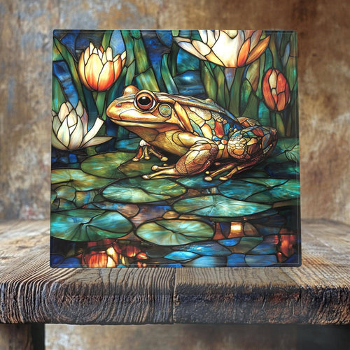 Colorful Frog on Lily Pads Porcelain Tile – Stained Glass-Style Pond Art