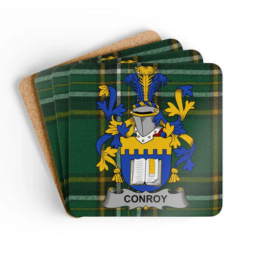 Conroy family crest square coaster on an Irish National Tartan background.