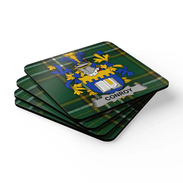 Conroy tartan coaster with family crest and cork-backed construction.