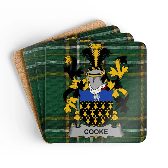Cooke family crest square coaster on an Irish National Tartan background.