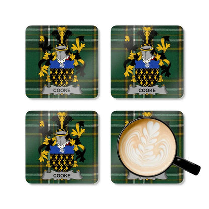 Cooke Irish surname coaster with glossy top and tartan crest design.