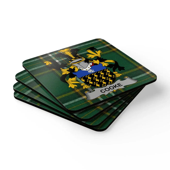 Cooke tartan coaster with family crest and cork-backed construction.
