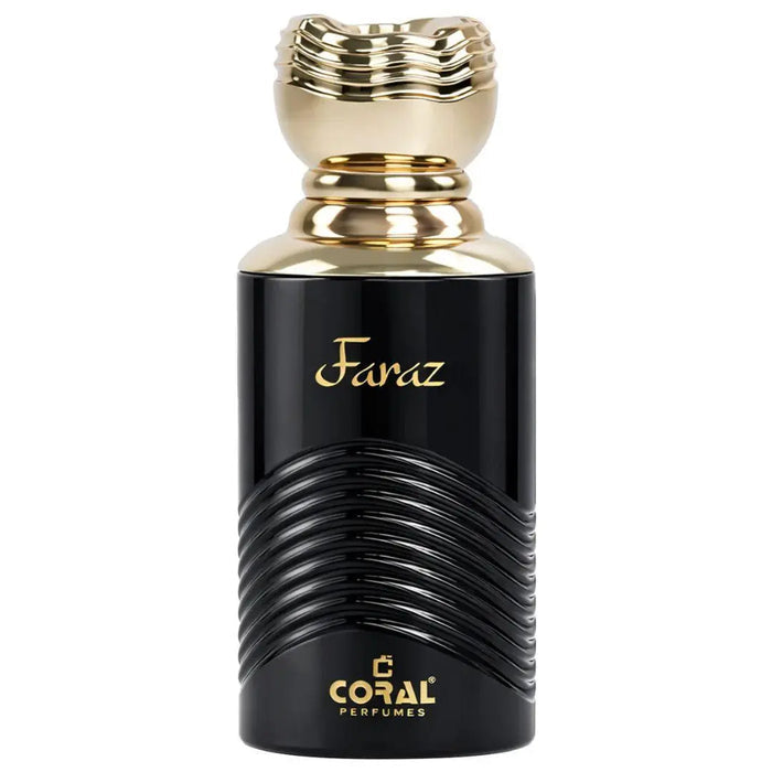 Unisex Coral Faraz EDP bottle with clear glass and gold cap, featuring a floral and citrus fragrance design.