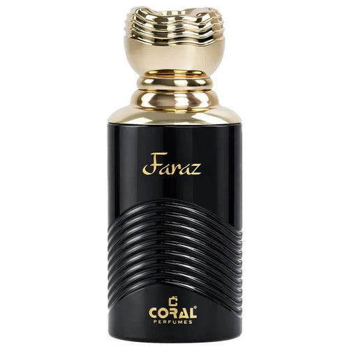 Unisex Coral Faraz EDP bottle with clear glass and gold cap, featuring a floral and citrus fragrance design.
