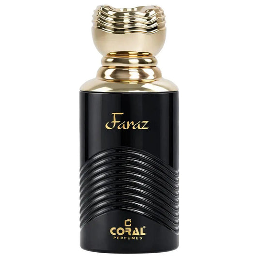 Unisex Coral Faraz EDP bottle with clear glass and gold cap, featuring a floral and citrus fragrance design.