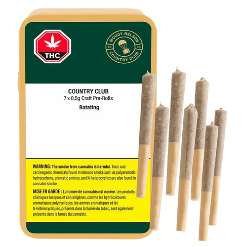Front-facing pack and seven upright pre-rolls beside it, showing the Country Club PR 7 x 0.5 g label and green, white, and yellow warning panel.