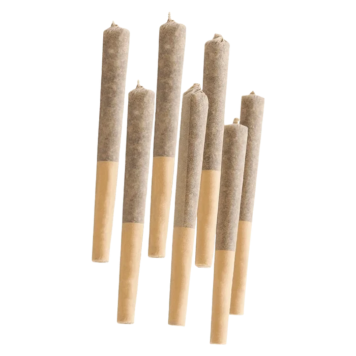 Angled top-down view of eight neatly arranged Country Club PR 7 x 0.5 g pre-rolled joints with tan filters against a pale background