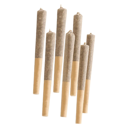 Angled top-down view of eight neatly arranged Country Club PR 7 x 0.5 g pre-rolled joints with tan filters against a pale background