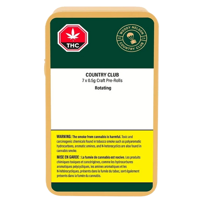 Top-down view of the Country Club PR 7 x 0.5 g rectangular tin with green, white and yellow label and THC symbol.
