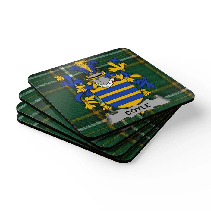 Coyle Family Crest and Tartan Plaid Coaster Set