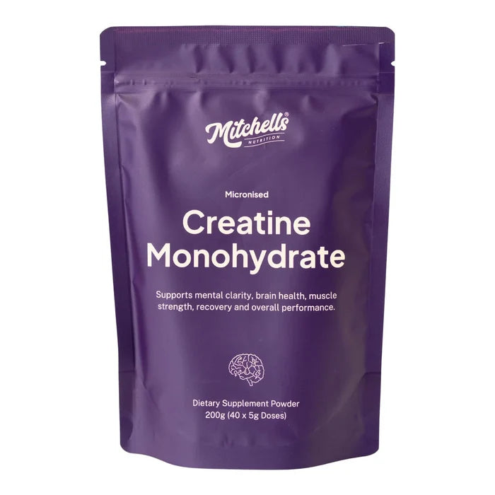 200g of Creatine Monohydrate powder in a purple pouch. Supports mental clarity, brain health, muscle strength, recovery and overall performance.
