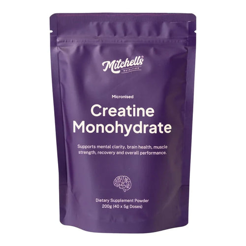 200g of Creatine Monohydrate powder in a purple pouch. Supports mental clarity, brain health, muscle strength, recovery and overall performance.