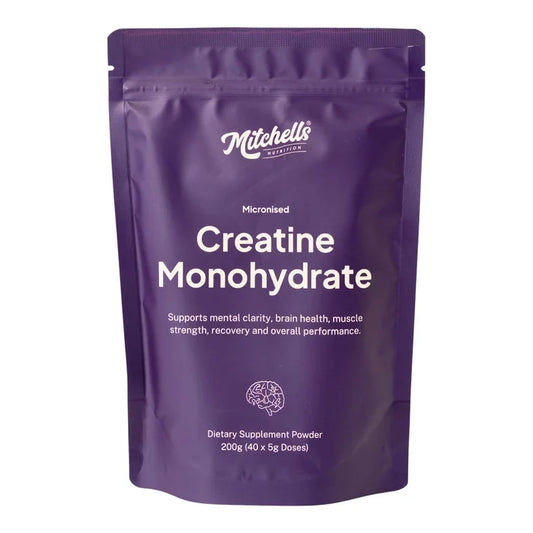 200g of Creatine Monohydrate powder in a purple pouch. Supports mental clarity, brain health, muscle strength, recovery and overall performance.