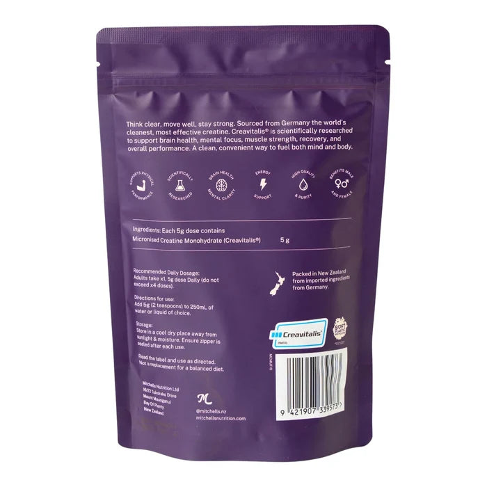 Back of Mitchells Nutrition Creatine Monohydrate packaging with ingredients, storage instructions, directions & product information.