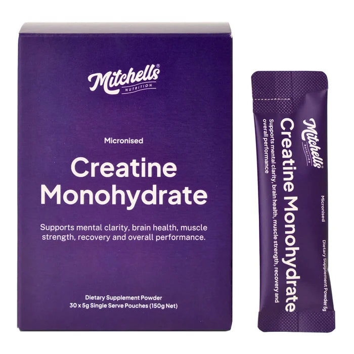 Box of 30 x 5g single serve sachets of Mitchells Nutrition Creatine Monohydrate powder.