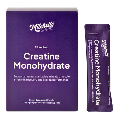 Box of 30 x 5g single serve sachets of Mitchells Nutrition Creatine Monohydrate powder.