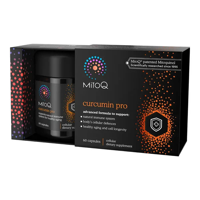 MitoQ Curcumin Pro dietary supplement packaging, showing a black bottle inside a black retail box.