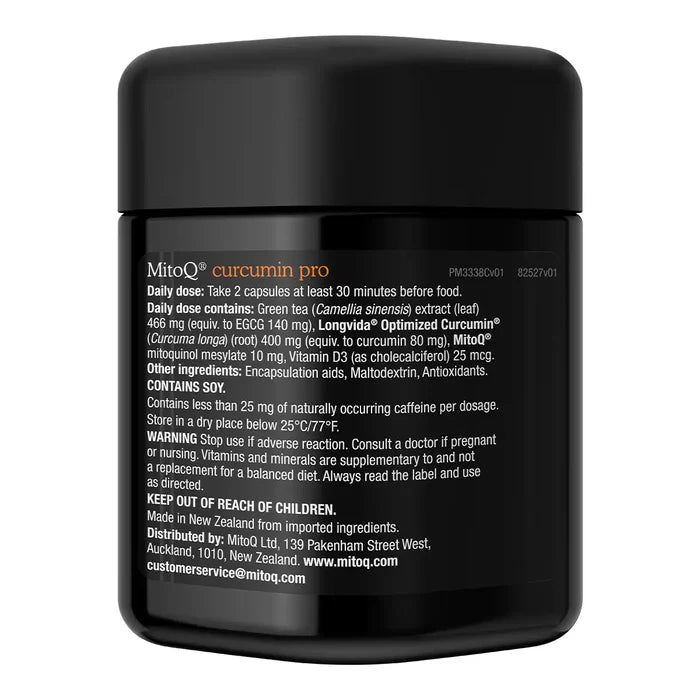 A black plastic jar of MitoQ Curcumin Pro supplement with white text.