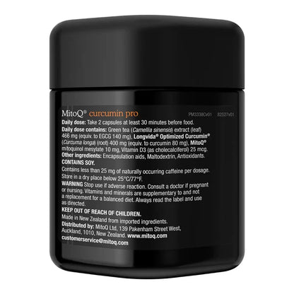 A black plastic jar of MitoQ Curcumin Pro supplement with white text.