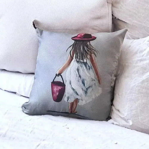 Linen cushion cover featuring South African artwork of a girl with red bucket by Inge du Preez