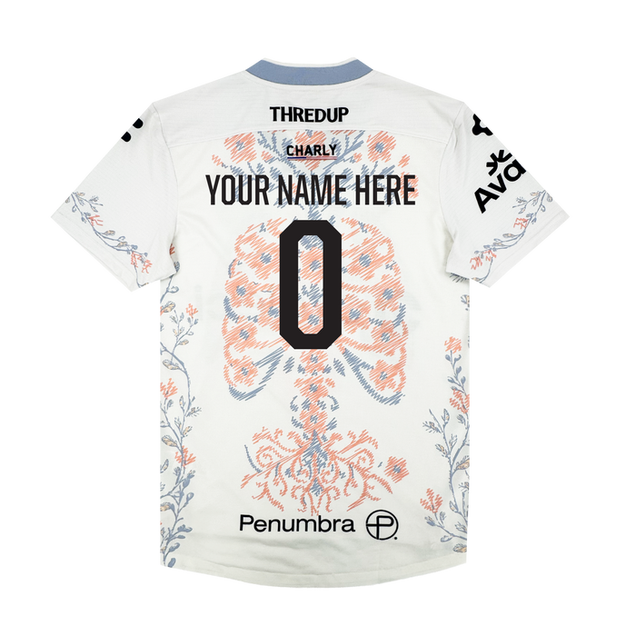 A white Oakland Soul Custom 2026 SC Form Jersey, seen from the back, has blue and orange lung graphics, black sponsor logos, "YOUR NAME HERE" and a bold number 0. The light blue collar and sleeves feature delicate branch accents.