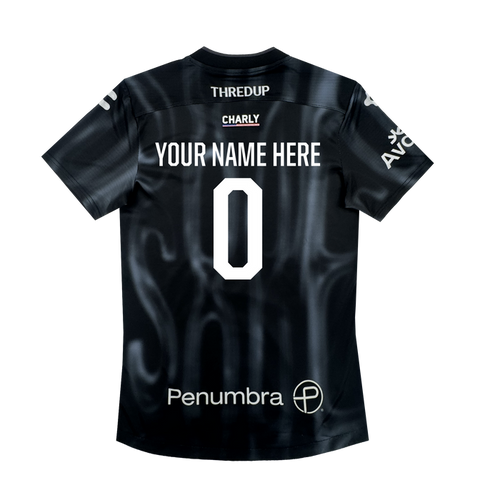 The Custom 2026 OAKLAND SOUL SC SPIRIT JERSEY by Oakland Soul features a black design with “YOUR NAME HERE” in bold white text above a large number 0 on the back, plus sponsor logos on the shoulders and lower back.