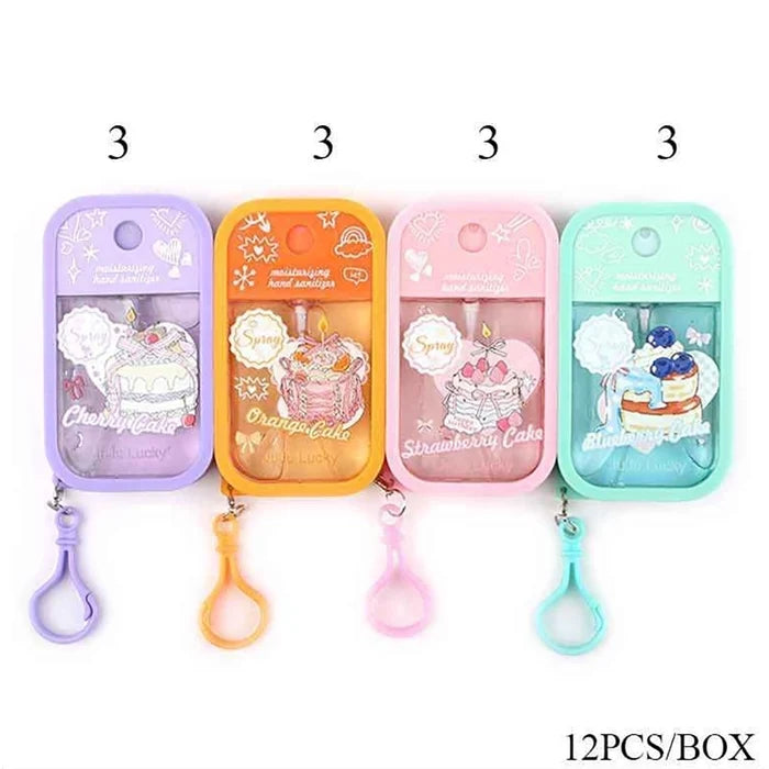 Cute Desserts Moisturizing Hand Sanitizer Spray Set – 50ml Portable Travel Size with Keychain Clips (12pc Bulk Box) (ANV-1793)
