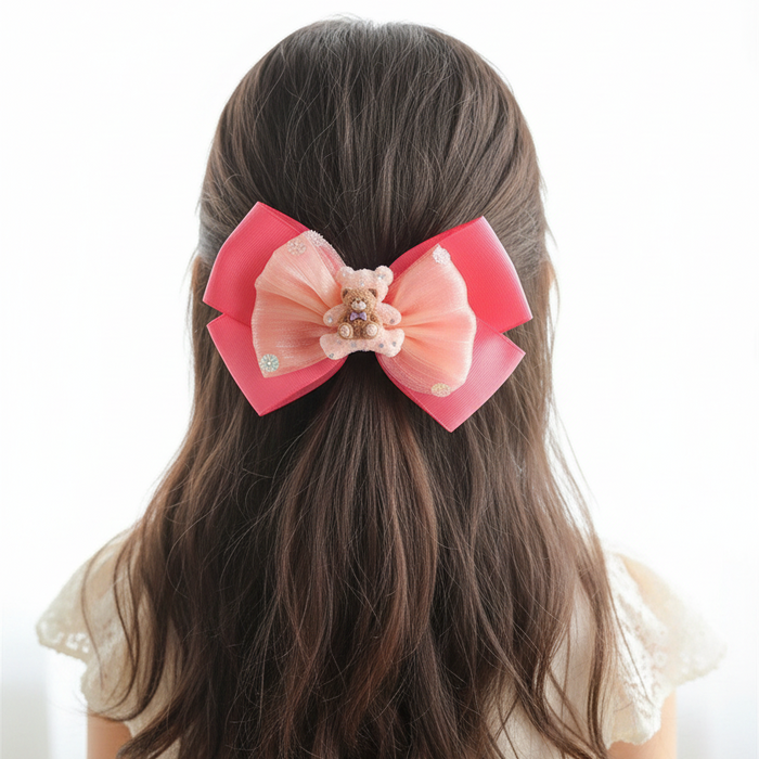 Cute Teddy Bear Layered Hair Bow Clips Set – Oversized Pastel Organza & Grosgrain Hair Accessories for Girls, Toddlers & Kids (HC-26968A)