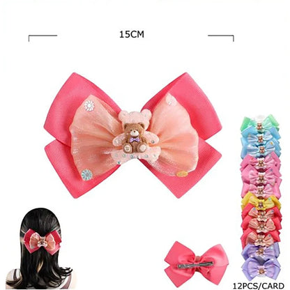Cute Teddy Bear Layered Hair Bow Clips Set – Oversized Pastel Organza & Grosgrain Hair Accessories for Girls, Toddlers & Kids (HC-26968A)