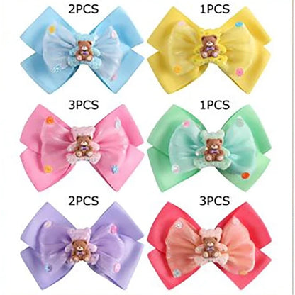 Cute Teddy Bear Layered Hair Bow Clips Set – Oversized Pastel Organza & Grosgrain Hair Accessories for Girls, Toddlers & Kids (HC-26968A)