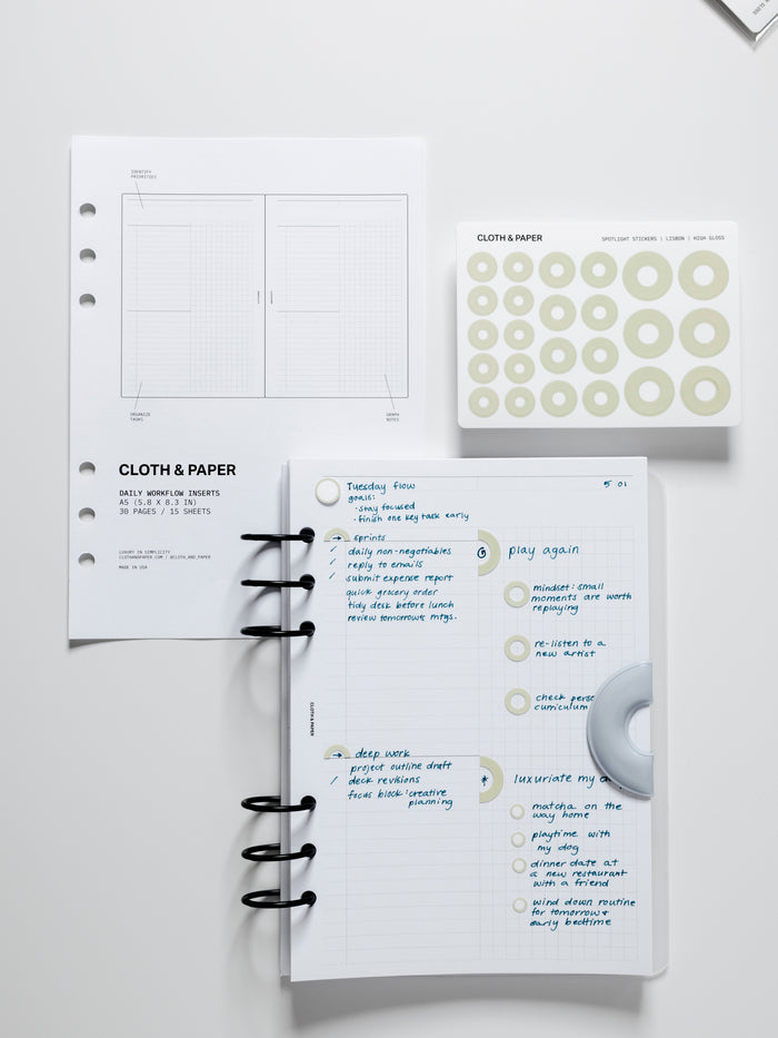 Daily Workflow Planner Inserts, inserts shown in use alongside other planning products